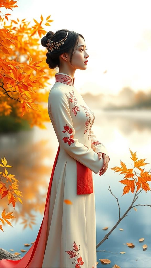 Serene Vietnamese Woman Amidst Autumn Foliage in Intricately...