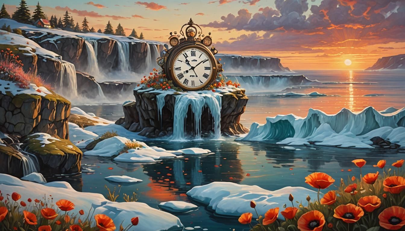 Surreal Winter Landscape with Clocks, Oil on Canvas