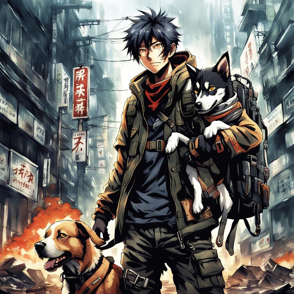 Post-Apocalyptic Tokyo Survivor: Boy and Dog in Anime Style