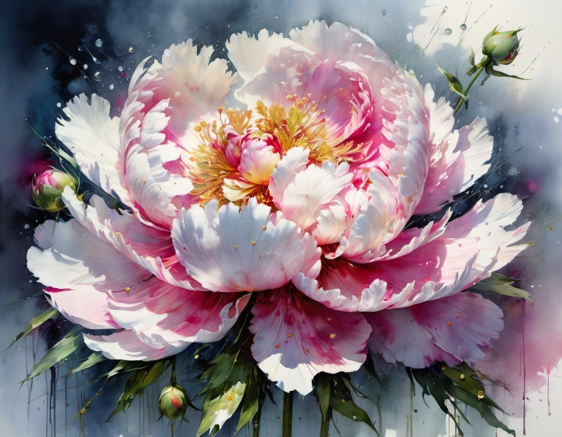 Watercolor Peonie in Dramatic Light with Rough Textures