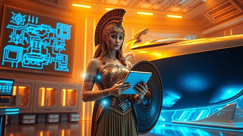 Greek Goddess Athena in Cyberpunk Warship Laboratory