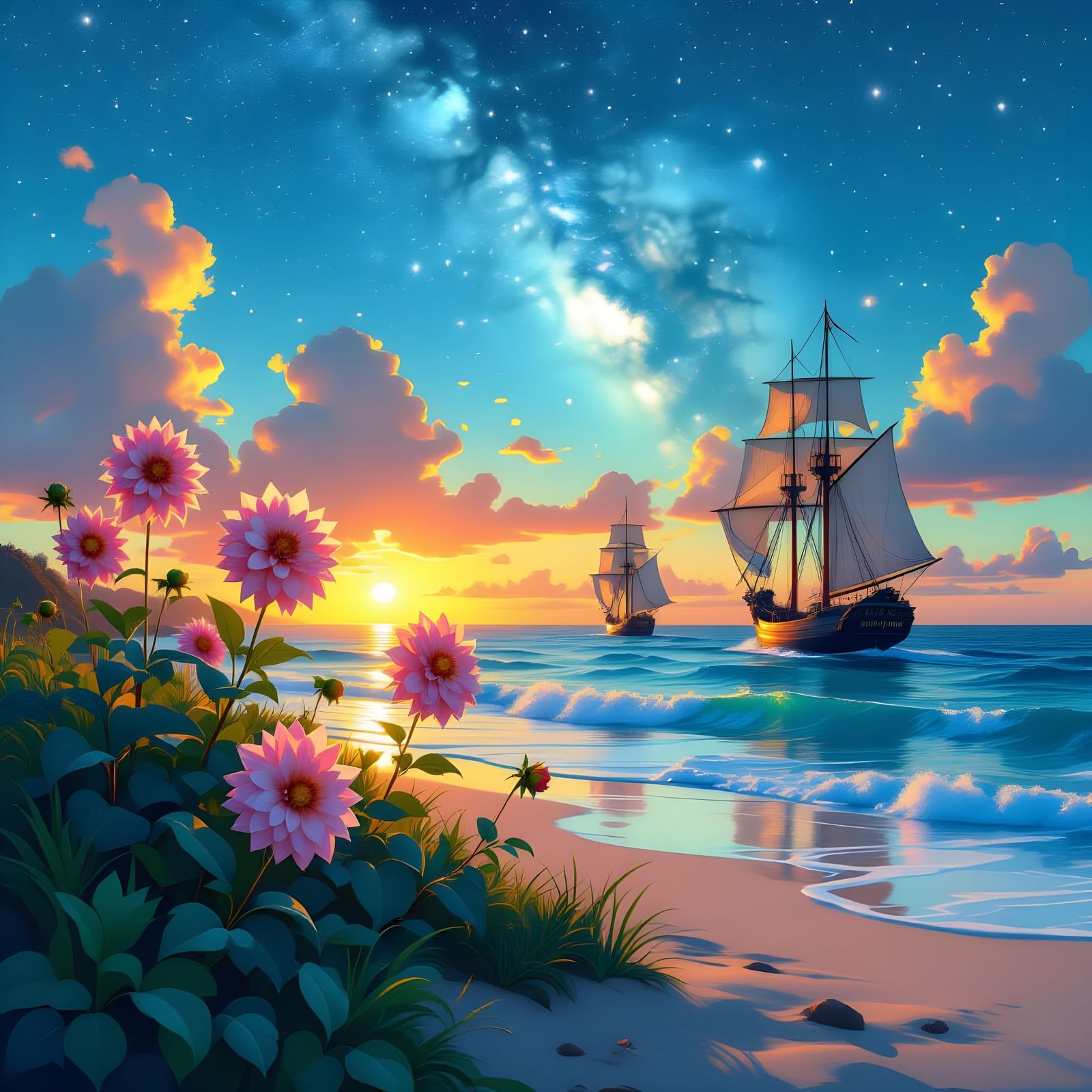 Dahlias and Sailing Ships at Sunset