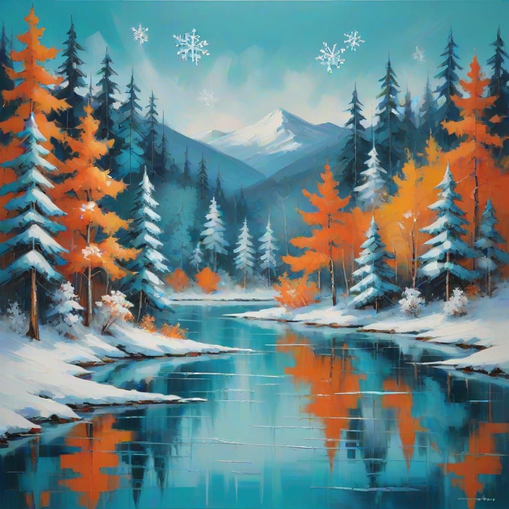 Impasto Snowscape with Pine Trees and Snowflakes