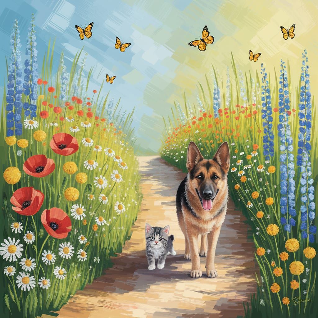 Whimsical Wildflower Meadow Scene in Impressionistic Style