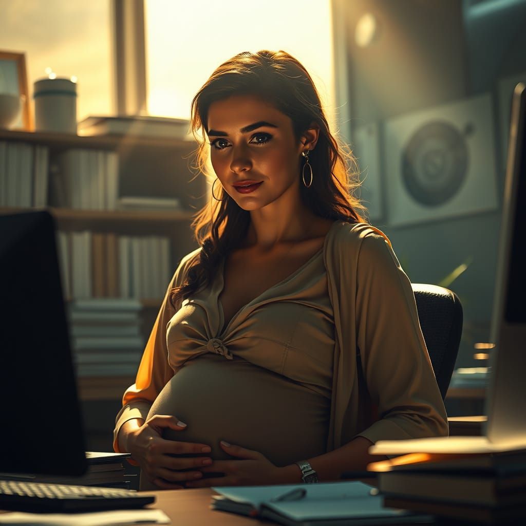 Glowing Pregnant Woman Working in Detailed Office