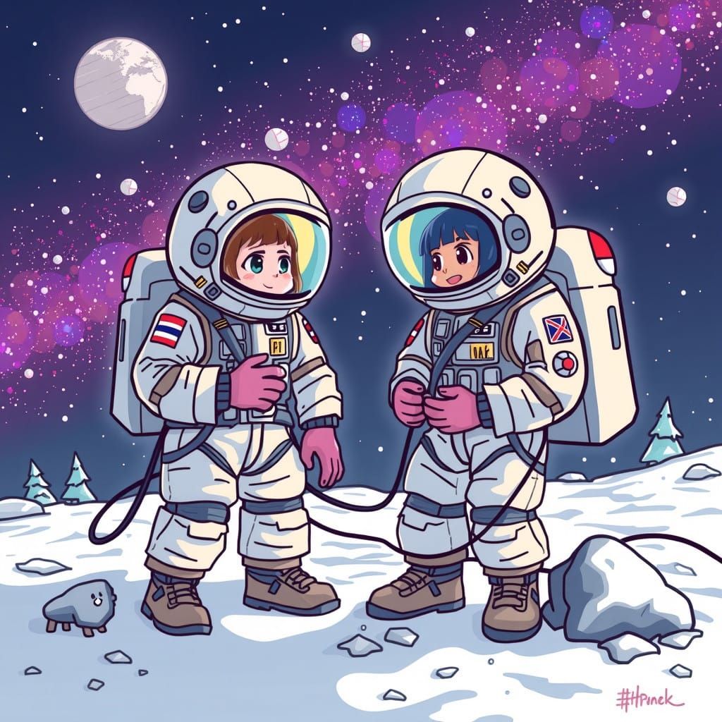 Space Explorers in Chilly Lunar Landscape