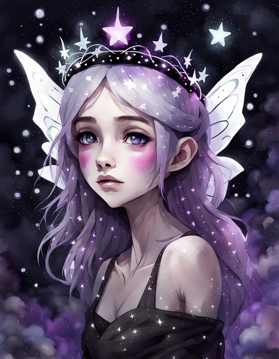 Bioluminescent Space Fairy in Starry Watercolour Painting