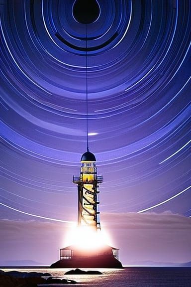 Retrofuturistic Lighthouse Under Starry Crescent Moon