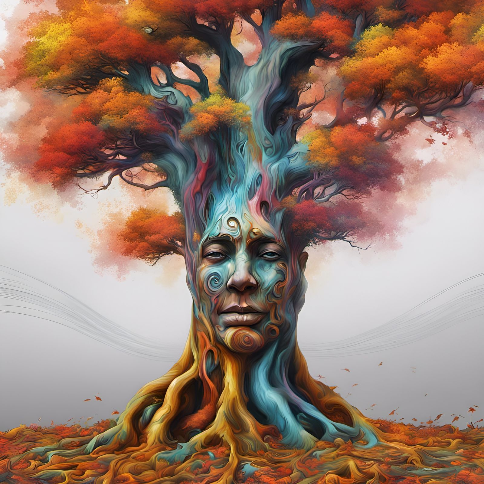 Fractal Face Tree in Autumn Graffiti Art