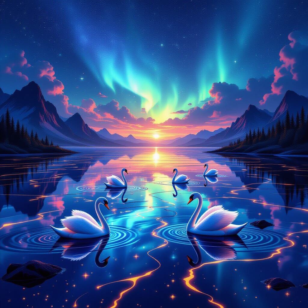 Surreal Molten Lagoon with Neon Fauna and Cosmic Sky