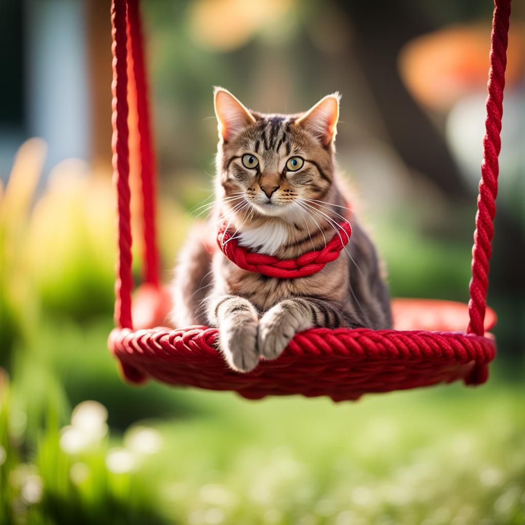 Tabby Cat Enjoying a Swing in Garden