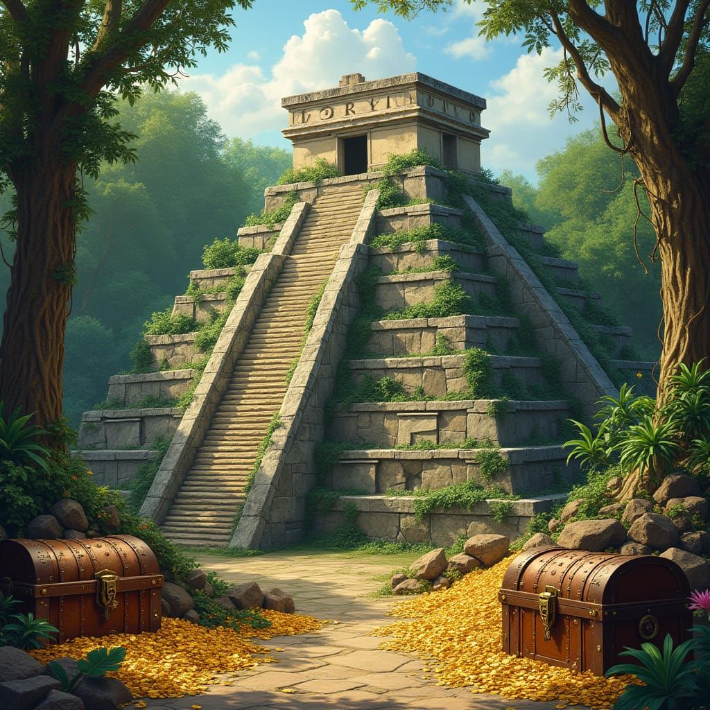 Mayan Pyramid Surrounded by Treasure, Romantic Style