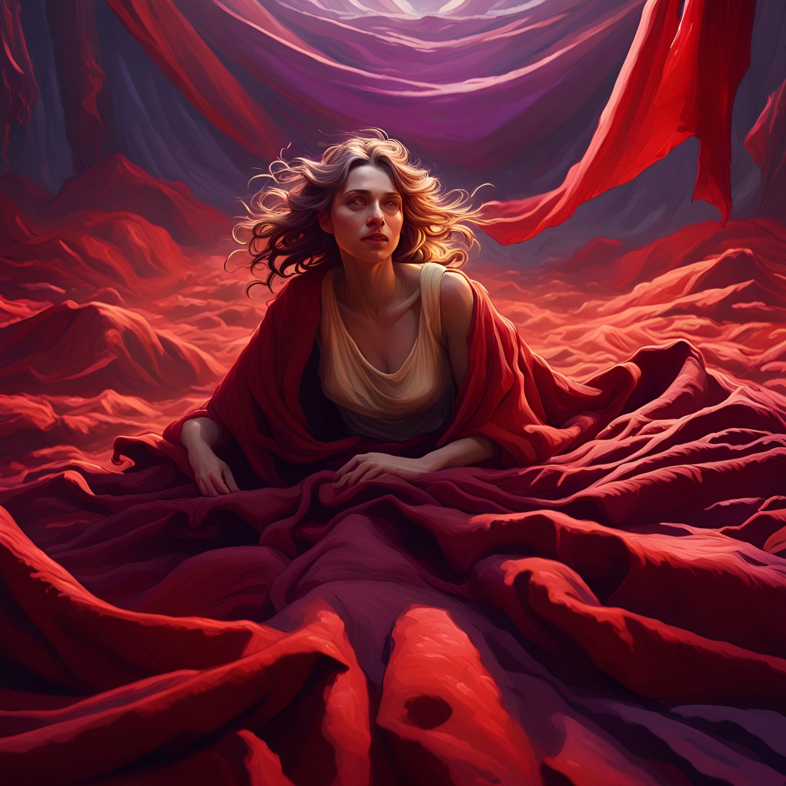 Woman in a Sea of Red Blankets