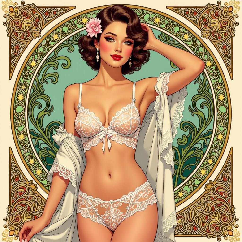 Elegant Woman in Lingerie, Art Nouveau Illustration