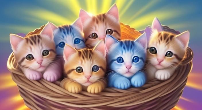 Happy Kittens in Wicker Basket: Hyperrealistic Art