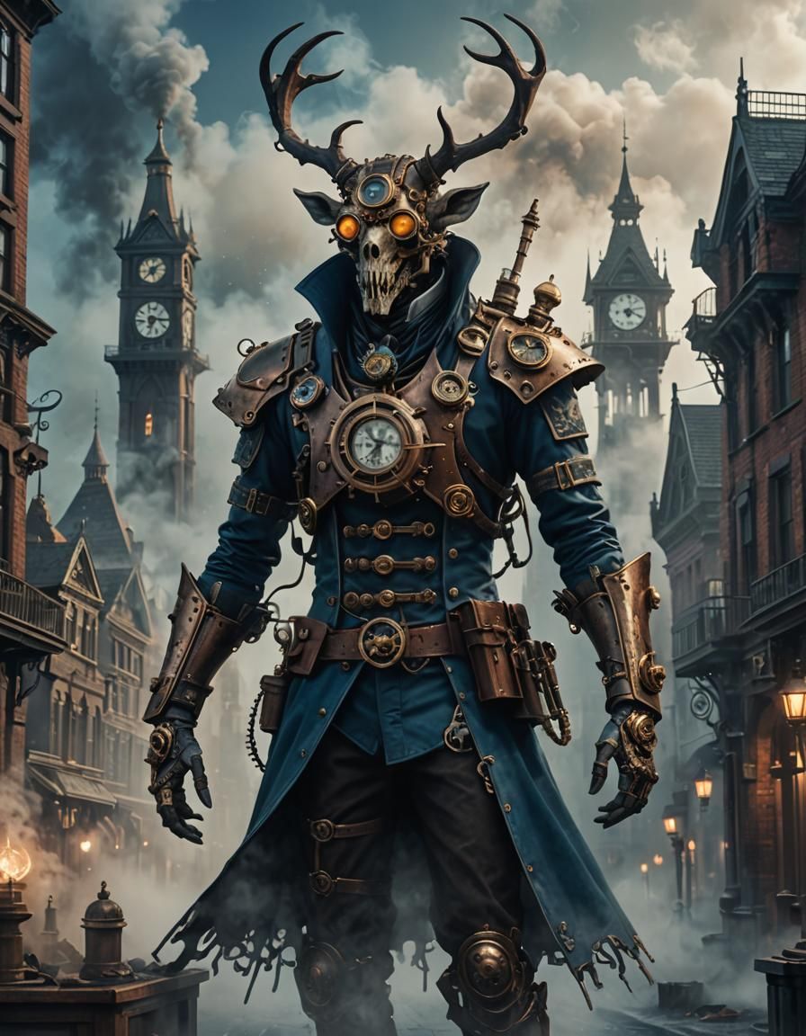 Surreal Steampunk Guardian Awakens in Foggy City