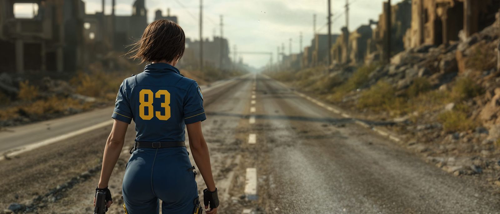 Brunette Woman in Vault Suit in Apocalyptic Dallas