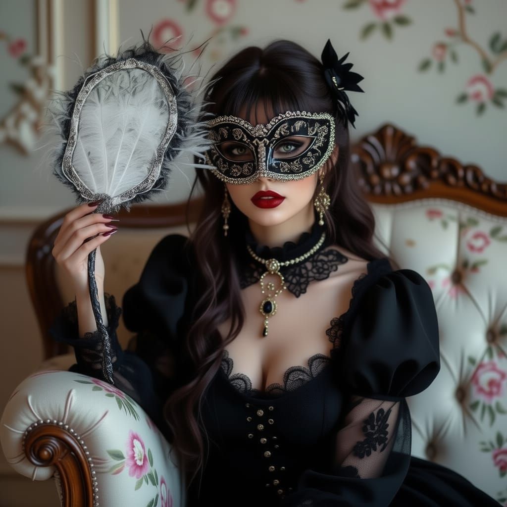 Elegant Woman in Masquerade Mask and Fan