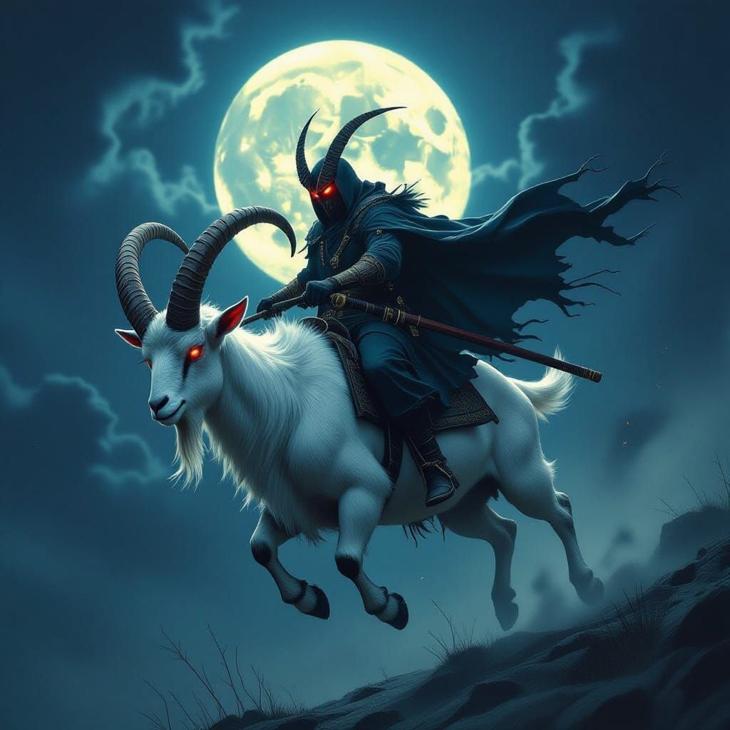 Terrifying Bokkenrijder on Goat in Moonlit Night
