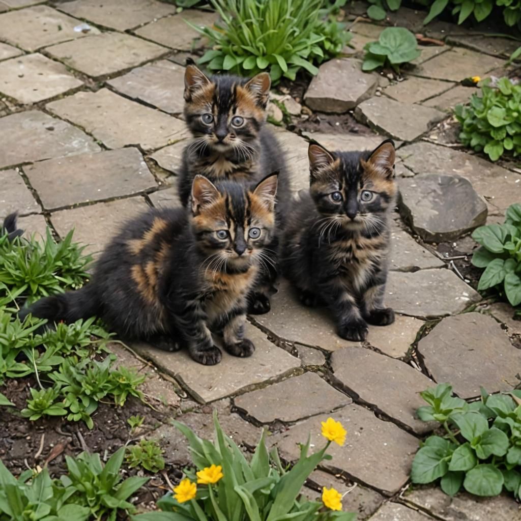 Playful Tortoiseshell Kittens in a Sunny Garden