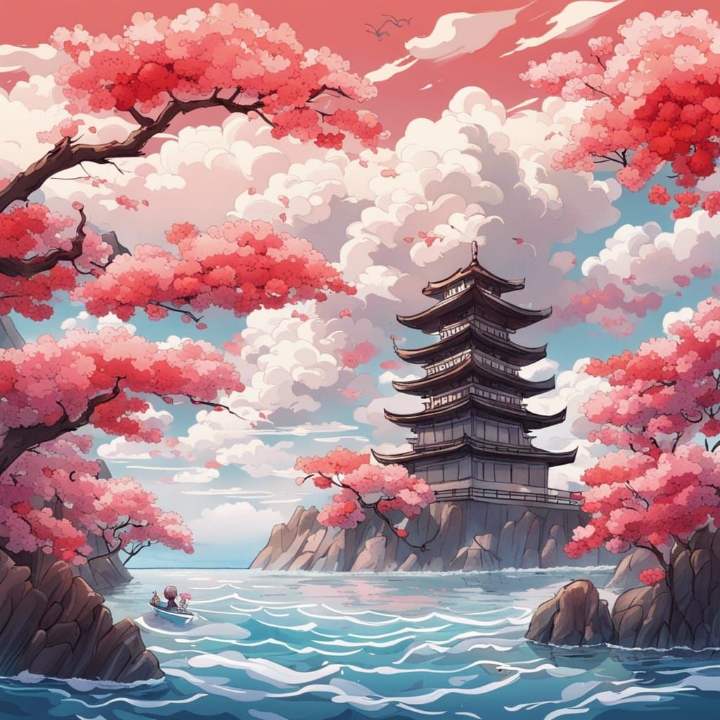 Anime Ocean Scene with Cherry Blossoms