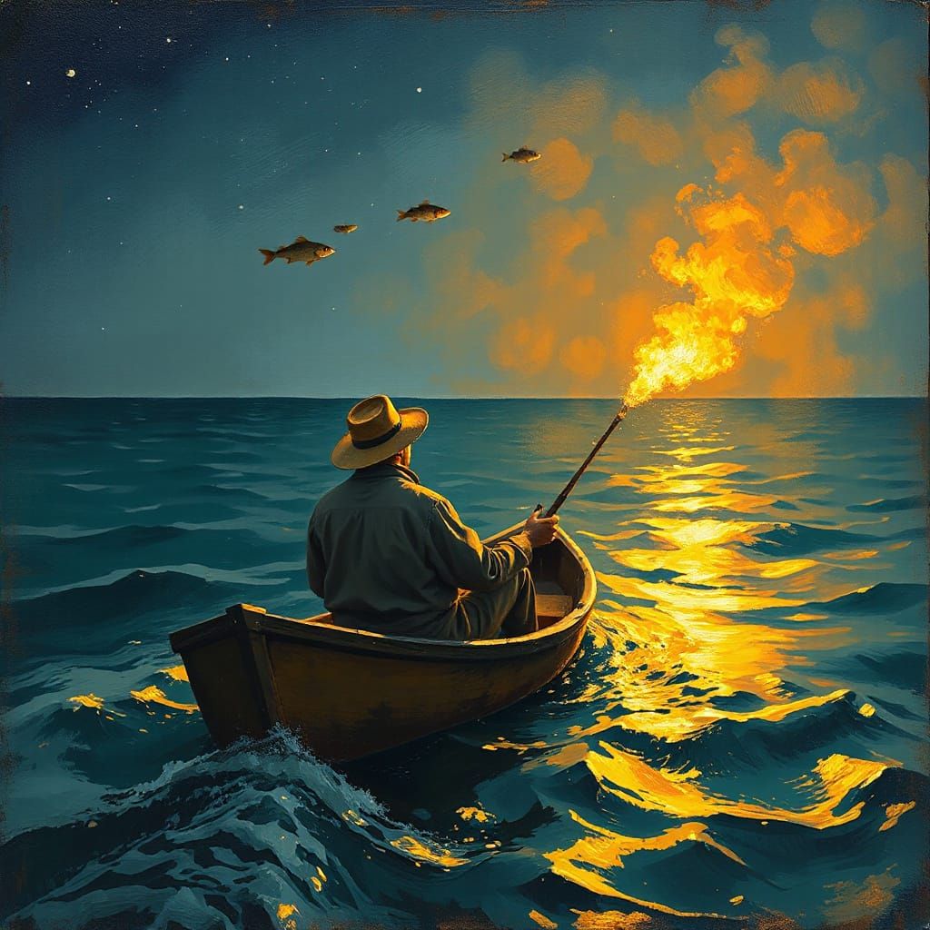 Night Fishing: Post-Impressionist Ocean Scene