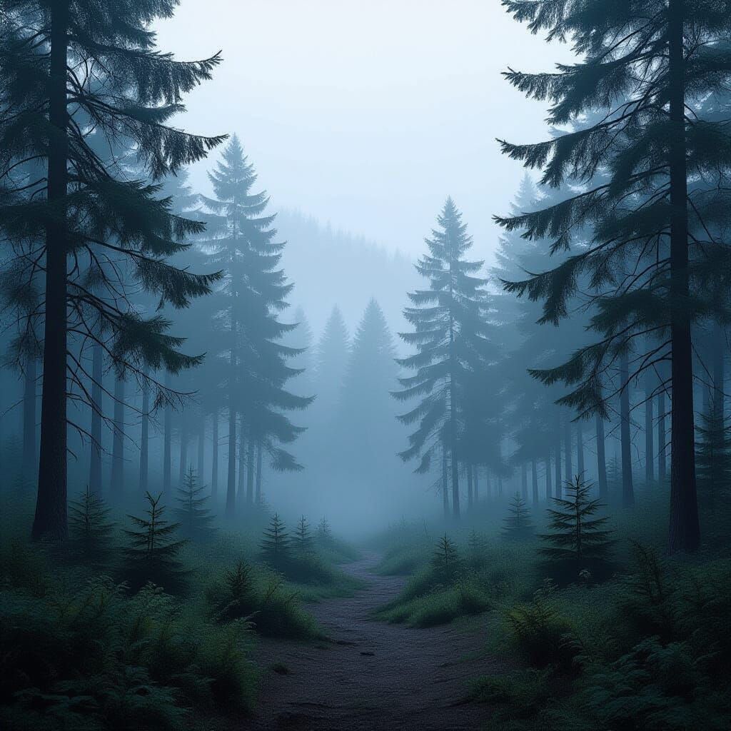 Misty Pine Forest Path in Muted Tones