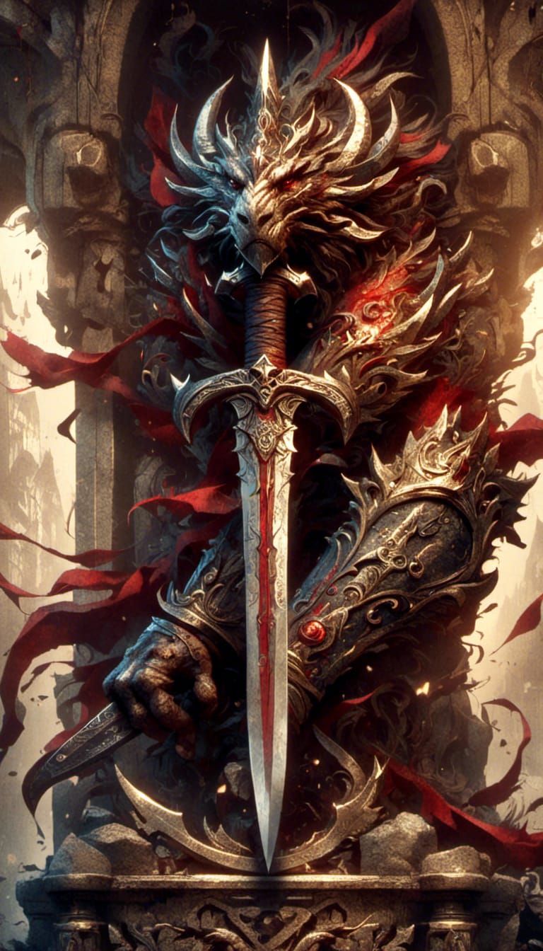 Dragonsteel Sword on Stone Pedestal in Detailed Matte Painti...