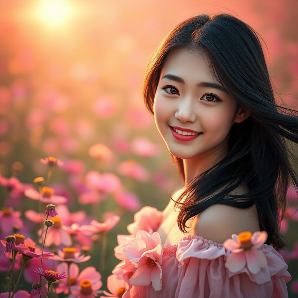 Japanese Woman in Rose Petal Dress at Dawn