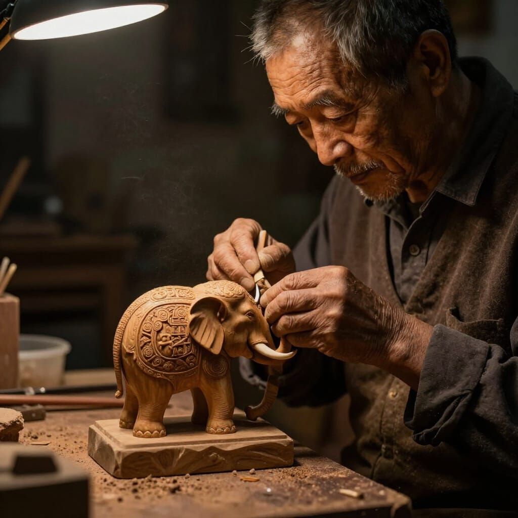 Craftsman Carving Elephant in Moody Workshop