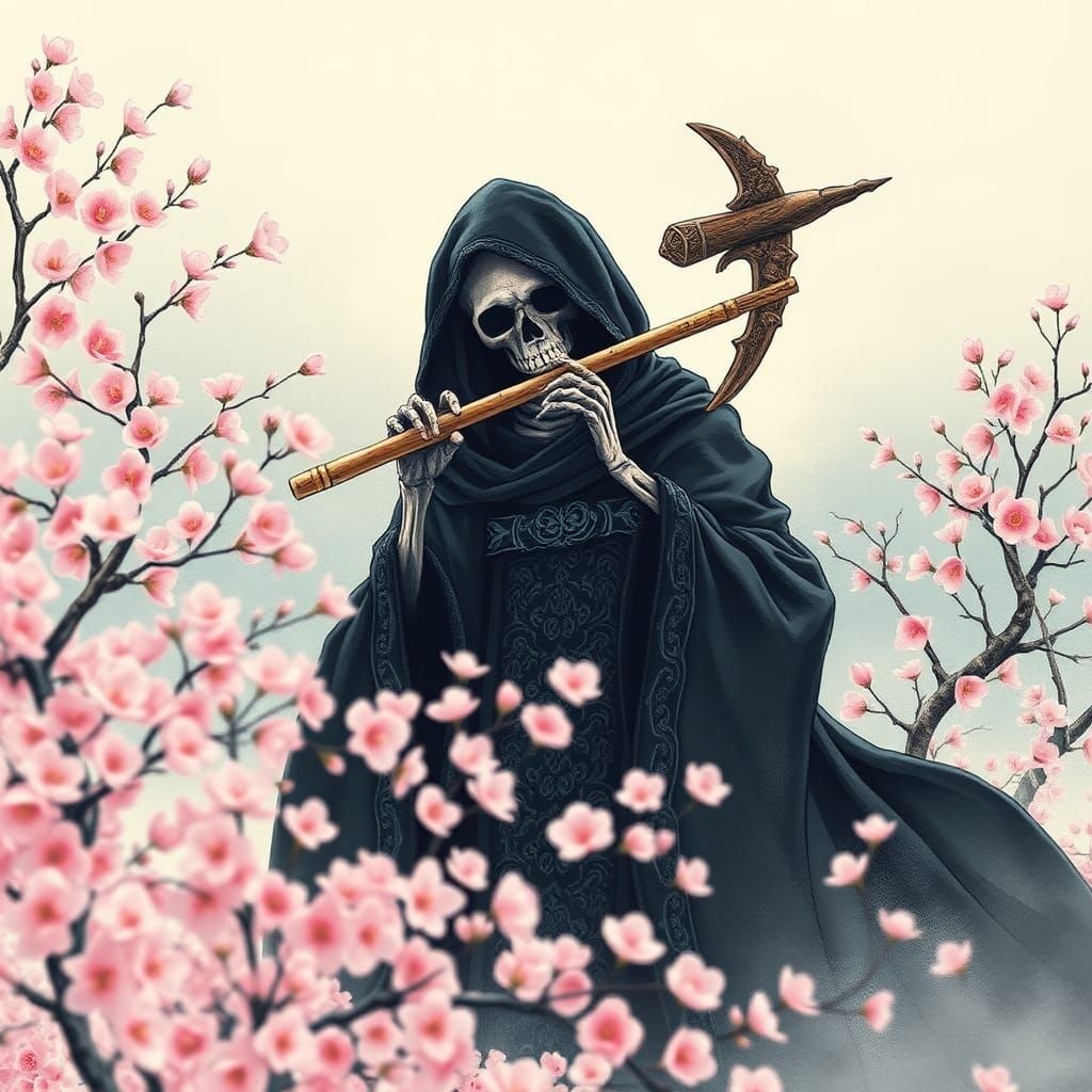 Grim reaper playing flute.