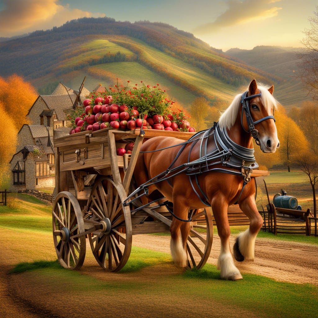 Cartoon Belgian Draft Horse Pulling Apple Cart