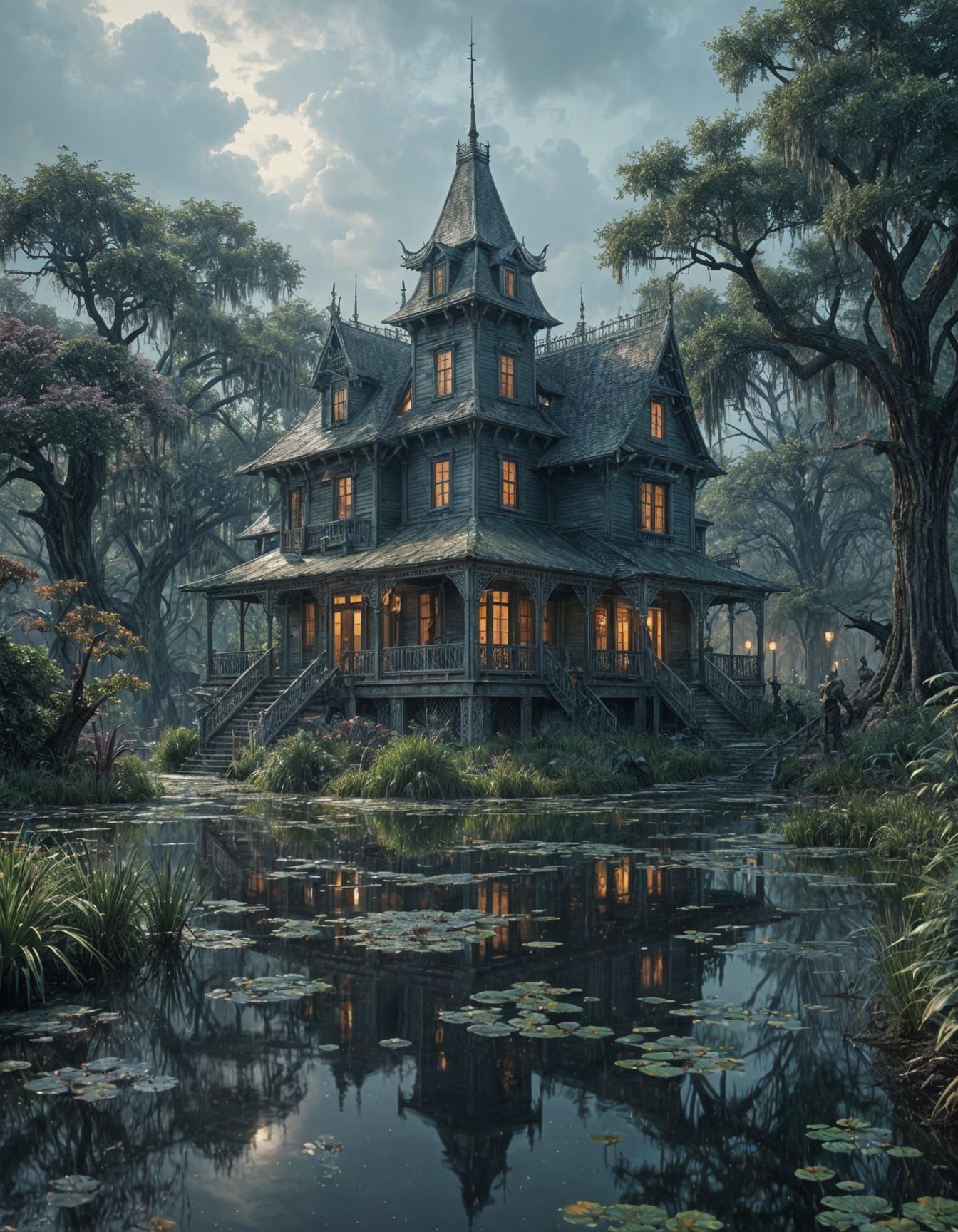 Surreal Swamp Mansion in Moody Triadic Hues