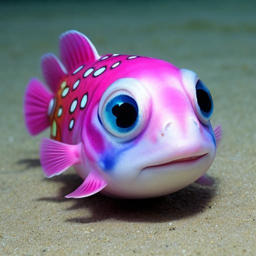 Pink Axolotl Pufferfish Hybrid with Watery Eyes