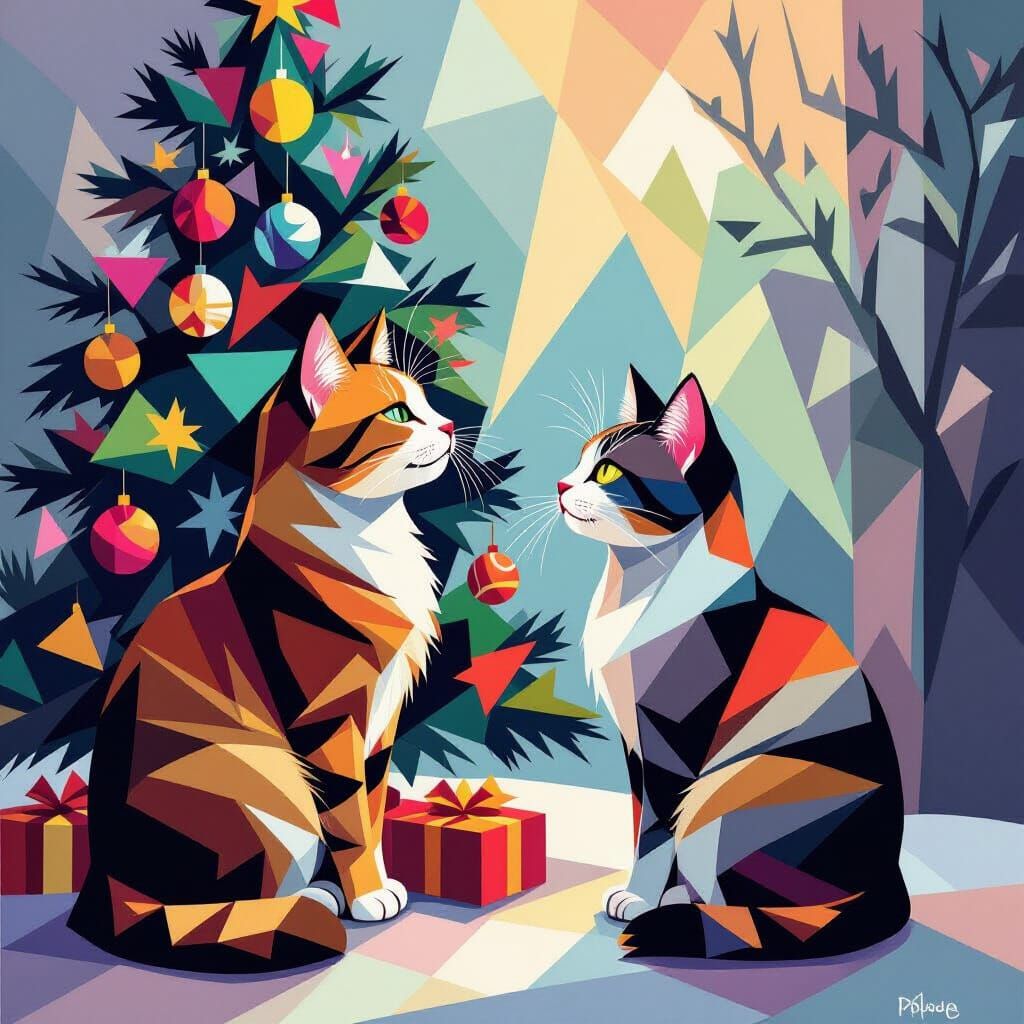 Cubist Cat Gazes at Geometric Christmas Tree
