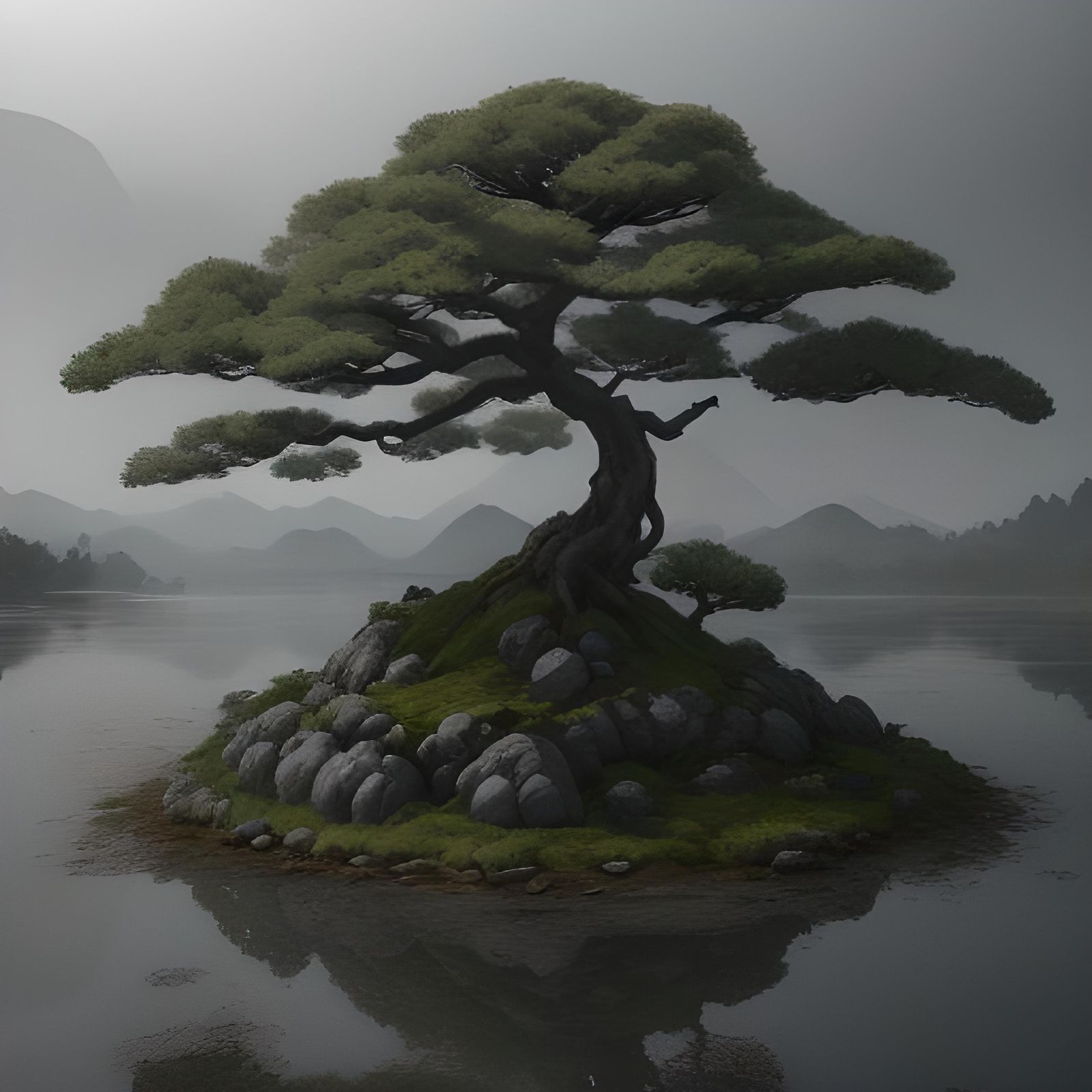 Japanese Landscape in Black and White, 3D Render