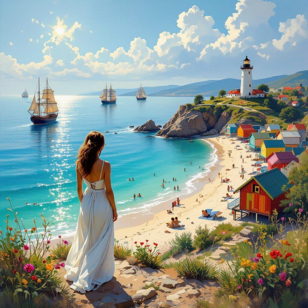 Serene Woman Overlooking Tranquil Sea in Romantic Style