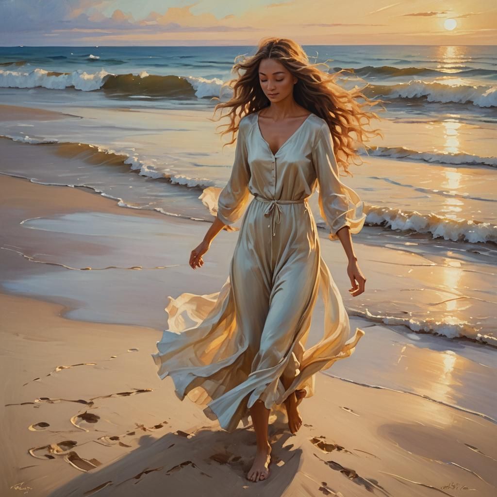 Serene Figure Sways to Music on Warm Summer Beach