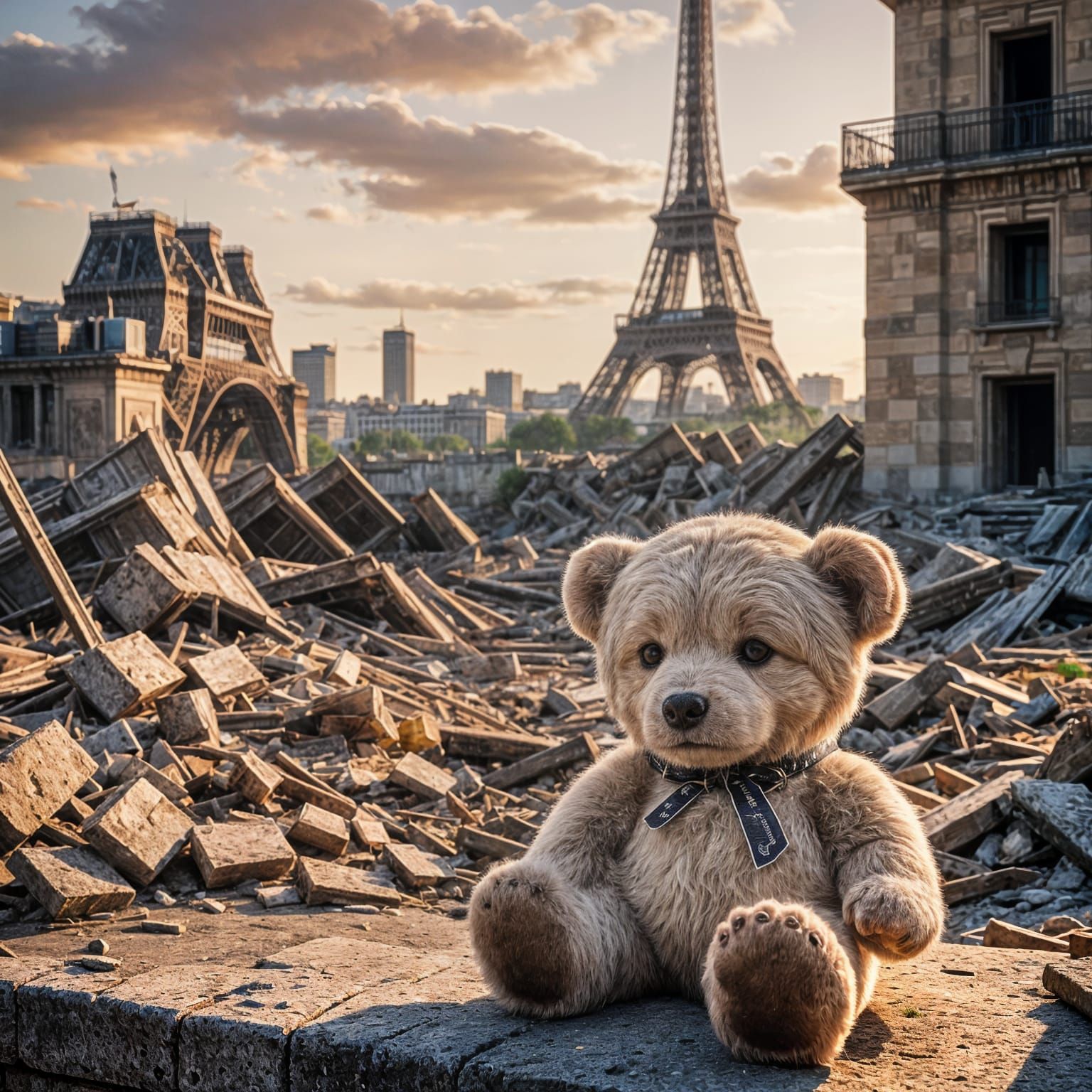 Apocalyptic Eiffel Tower with Crying Teddy Bear