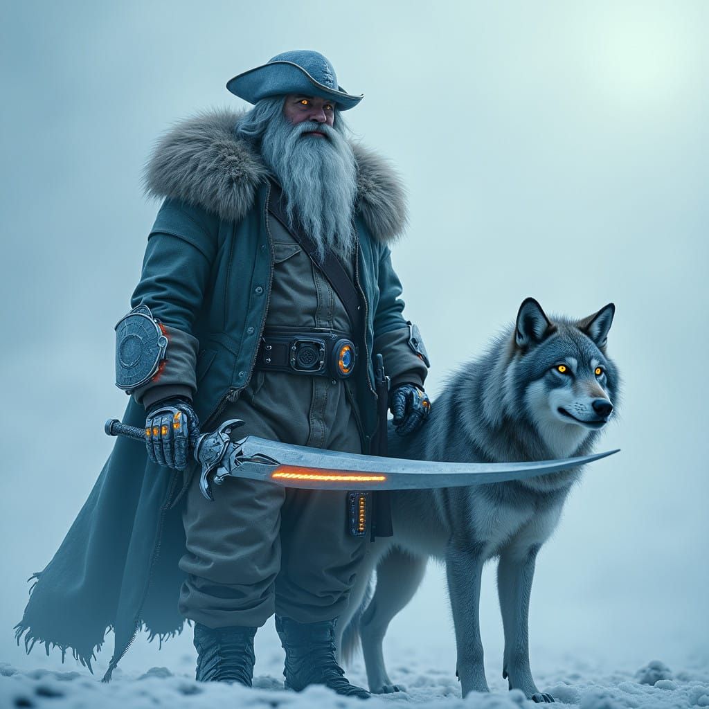 Cyberpunk Space Pirate Stands Heroically on Icy Planet