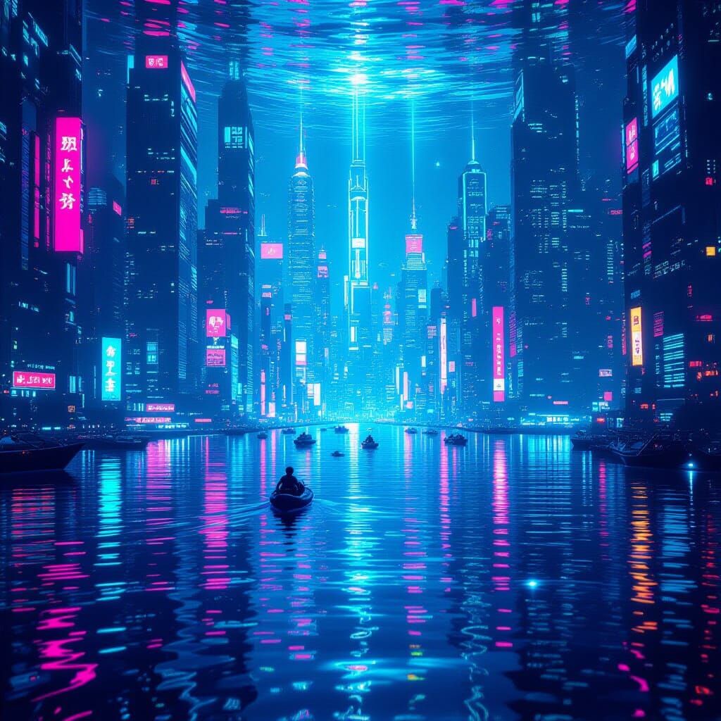 Submerged Cyberpunk Cityscape with Bioluminescent Marine Lif...