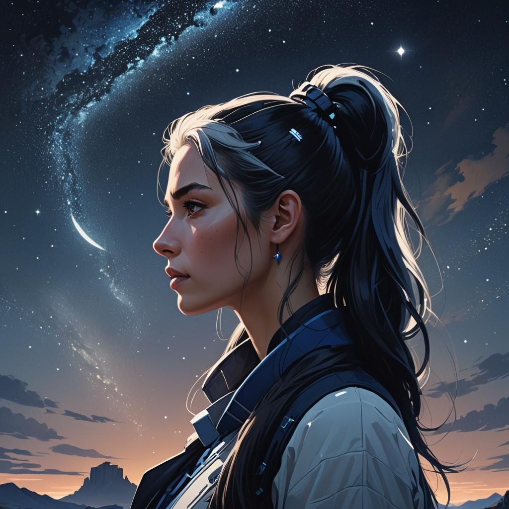 Fantasy Woman Gazes at Starry Sky in Digital Art