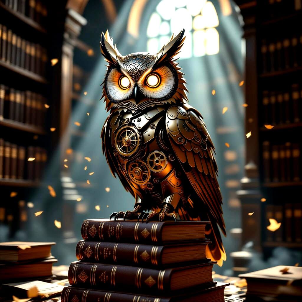 Clockwork Owl on Books in Steampunk Library