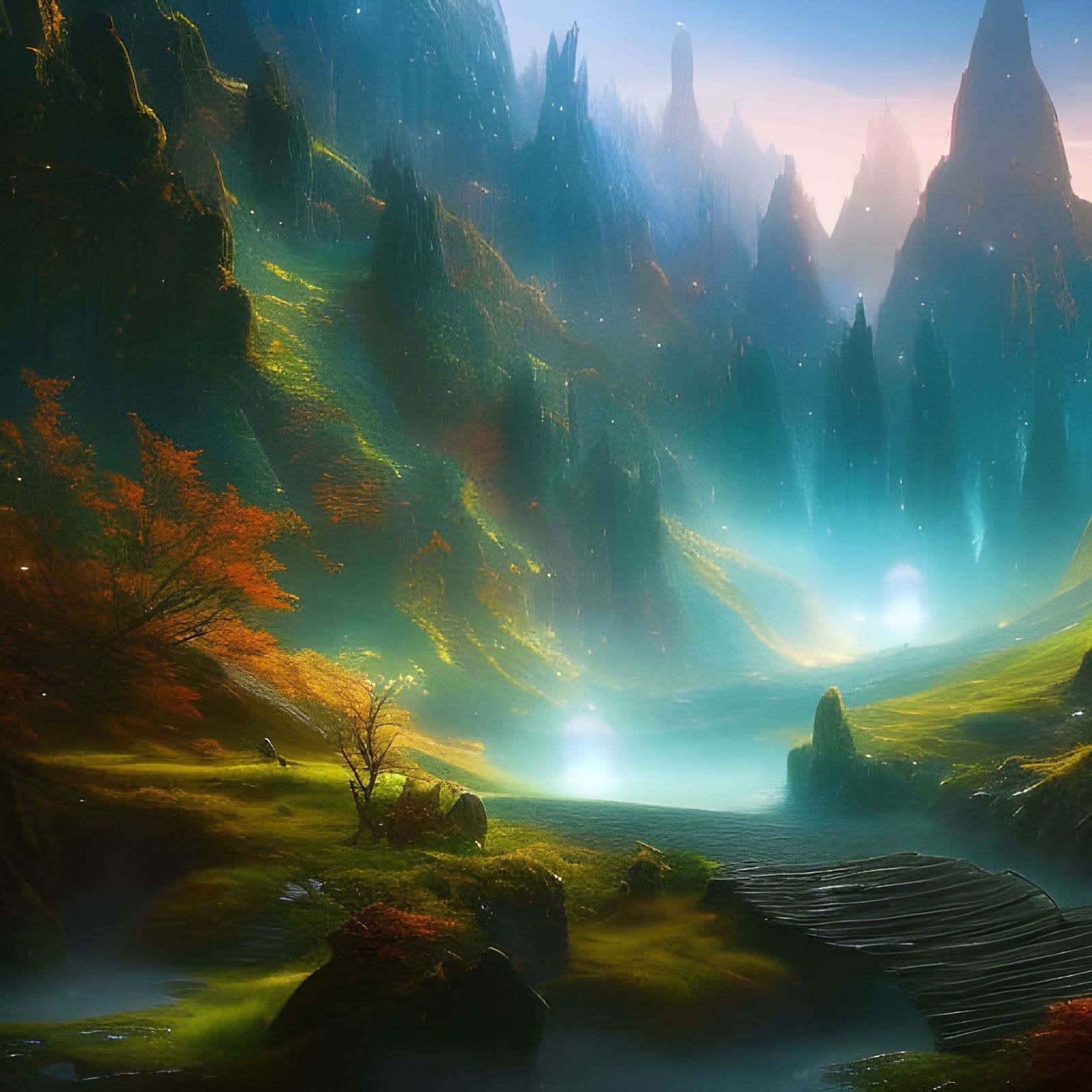 Enchanted Elven Landscape with Glowing Lights