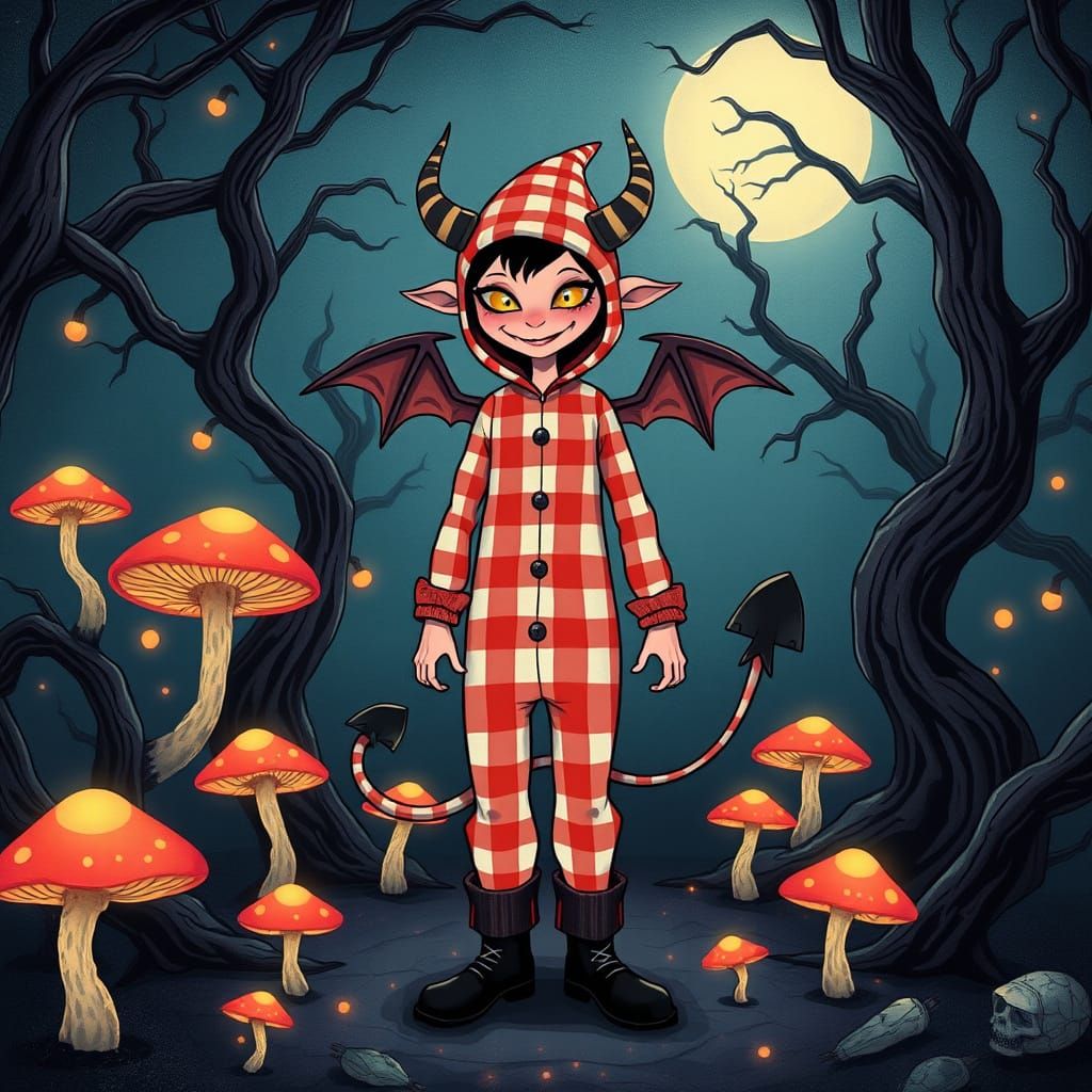 Whimsical Demon in Gingham Japanese Pop Surrealism