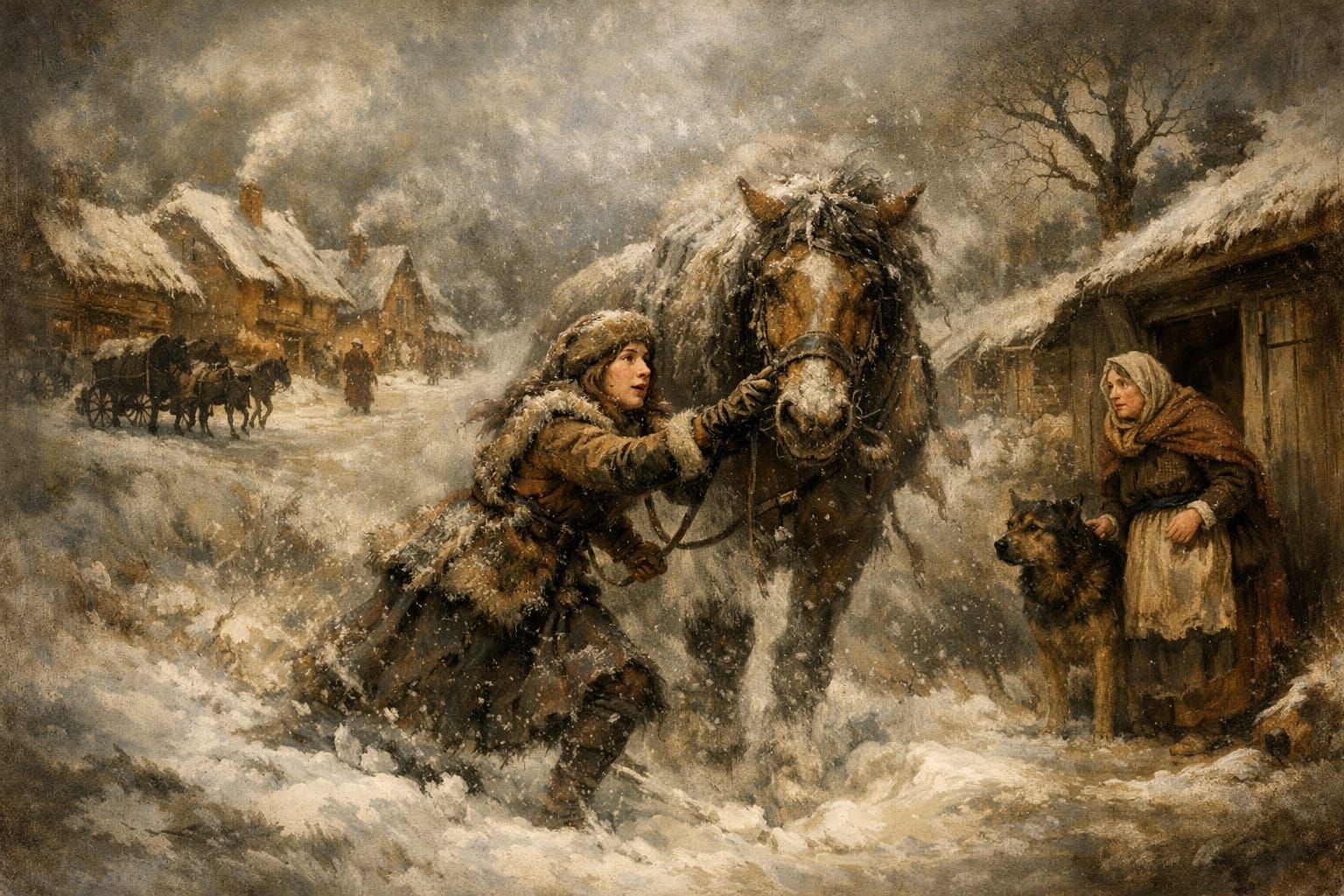 17th Century Painterly Scene of Woman and Horse in Snowstorm