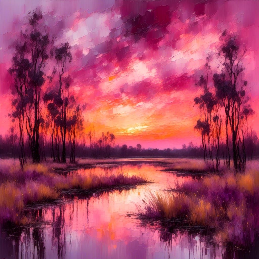 Serene Sunset Over Wetland as Impressionist Oil Painting