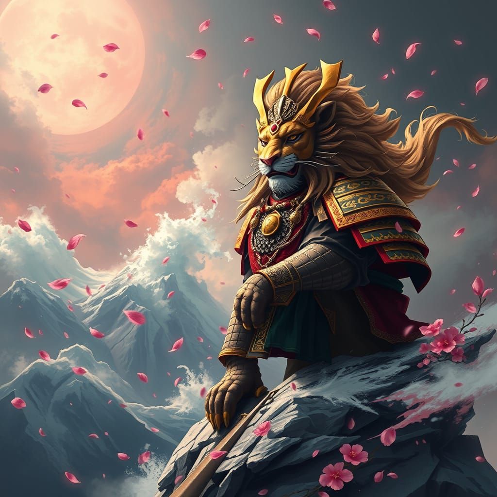 Armored Lion on Mountaintop in Painterly Style