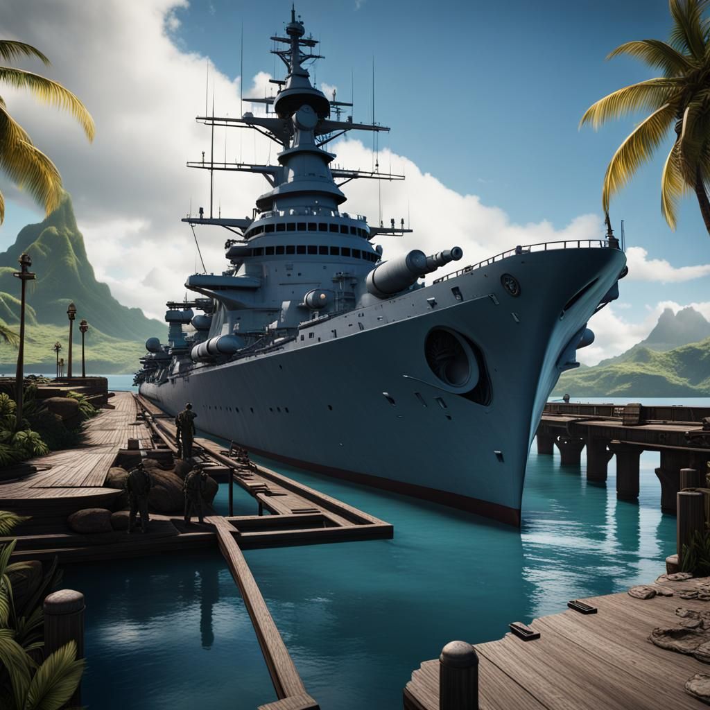 USS Indianapolis at Dock in Tahiti: Detailed Matte Painting