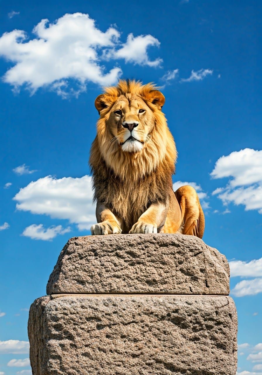 Regal Lion Perched on Stone Pedestal
